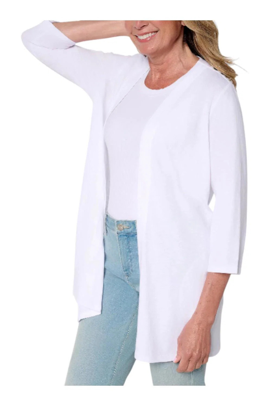 Denim & Co. Women's 3/4 Sleeve Slub Jersey Tunic Cardigan White - Regular